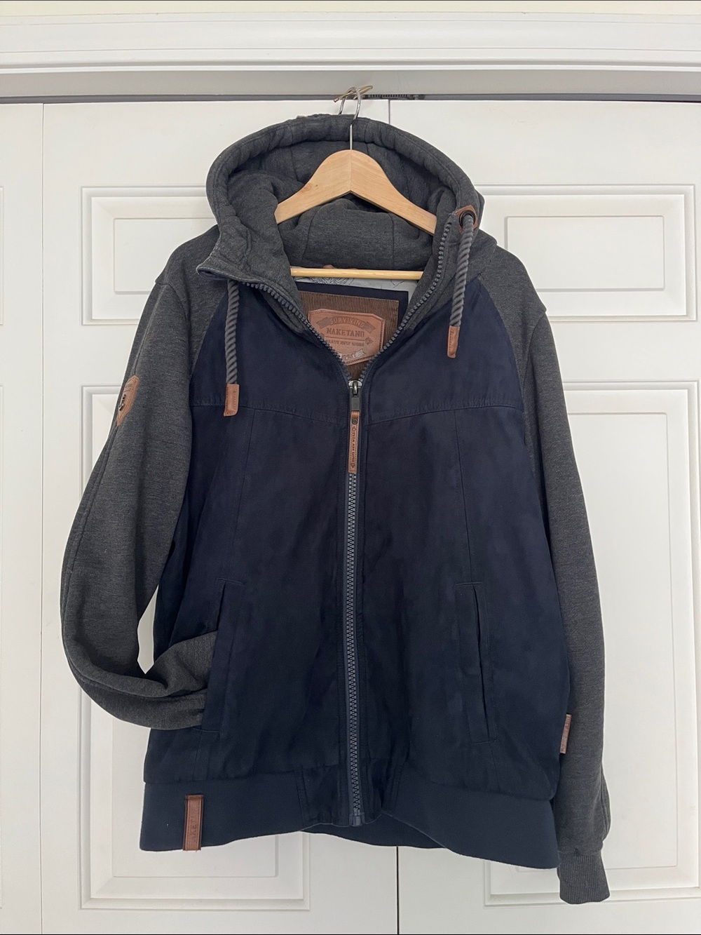 Naketano Mixed-Material Hooded Jacket in Navy and Charcoal